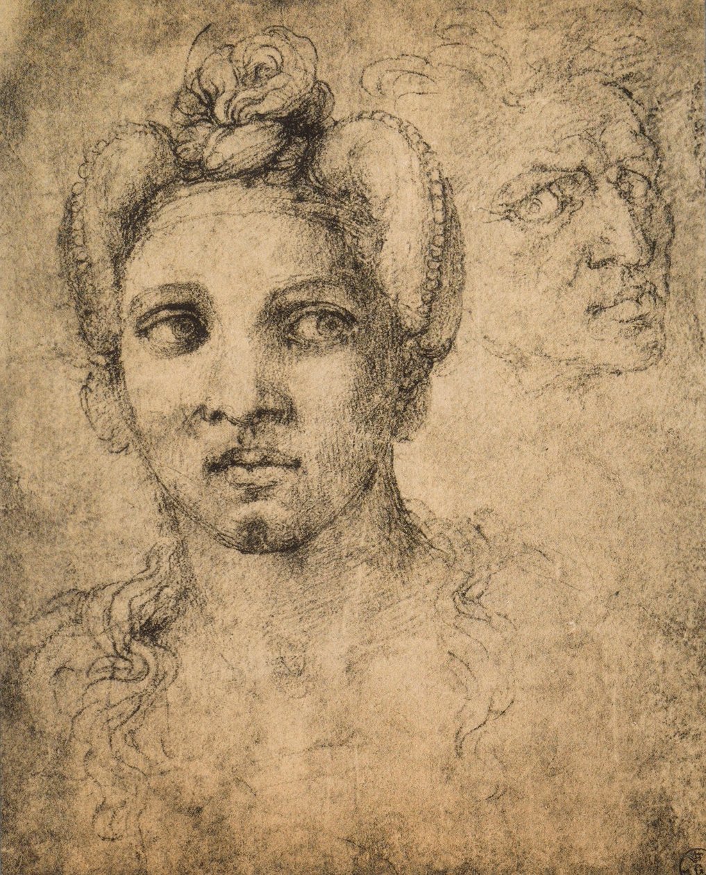 ミケランジェロが描いた女性の頭。描画と版画のキャビネット